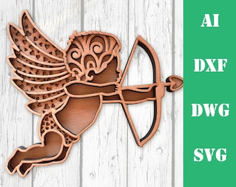 Cupid Valentine angel Eros 3D love cupido multi layer mandala laser cut file, commercial use, wall art CNC dxf svg ai dwg cricut Glowforge