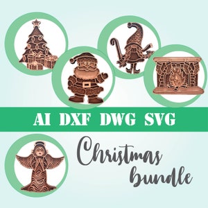 May include: A digital download bundle of five Christmas-themed SVG files. The designs include a Christmas tree, Santa Claus, a gnome, a fireplace, and an angel. The files are perfect for crafting projects like cutting, etching, and engraving.