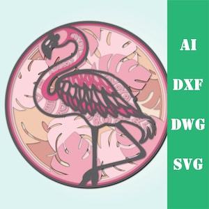 May include: A pink flamingo with black outlines and intricate details stands on a background of pink and peach tropical leaves. The flamingo is in a circular frame.