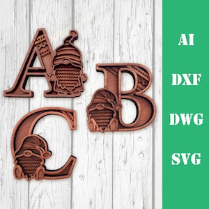 Gnome alfabeto lettere a strati Multi layer mandala 5 strati modello laser cut file uso commerciale, wall art CNC download dxf svg ai dwg cricut