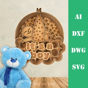 Baby shower regalo è un file di taglio laser del modello di mandala multistrato di celebrazione della nascita di un ragazzo, arredamento per la casa vettoriale scarica dxf svg ai dwg cricut 3d