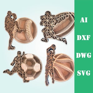 Pacote de esportes, arquivo de corte a laser mandala esporte vetor arte de parede de madeira decoração de casa CNC download dxf svg ai dwg cricut silhueta 3d