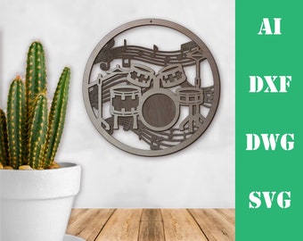 Drum kit music instrument layers wall art model laser cut file, commercial use, wall art home decor  CNC download dxf svg ai dwg cricut 3d
