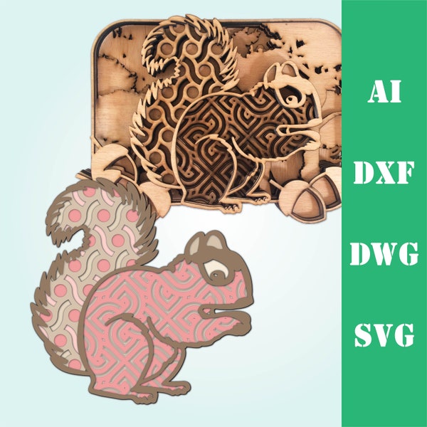 Squirrel acorn multi layer mandala model laser cut file, commercial use, wall art home decor  CNC download dxf svg ai dwg cricut 3d