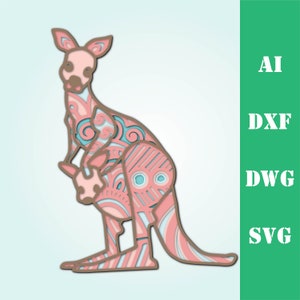May include: A pink and blue patterned kangaroo with a joey in its pouch. The kangaroo is standing on a light blue background.
