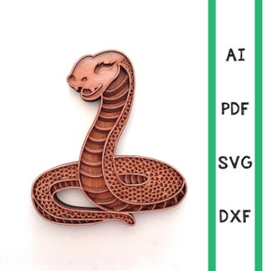 Arquivo de corte a laser de mandala multicamadas em camadas de cobra, uso comercial CNC dxf svg ai pdf cricut 3d Glowforge réptil animal cobra arte em camadas