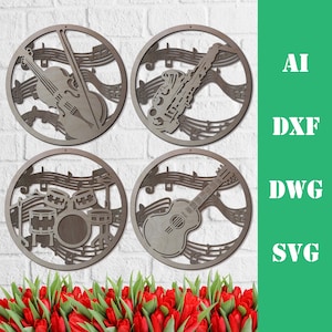 Bundel van 4 muziekinstrumenten muur kunst lagen model laser gesneden bestand, DIY houten muur kunst home decor CNC download dxf svg ai dwg cricut 3d