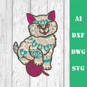 Katze Mandala süßes Kätzchen mit Wolle SVG für Laser Cut, Layered Katze, Laser Cut Katze Dxf, Multi Layer Katze SVG, Layered Cat Cricut kommerzielle Nutzung