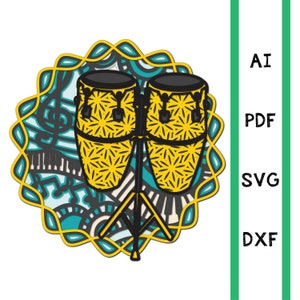 May include: Two yellow and black conga drums with a floral pattern on a black stand against a blue and white patterned background.