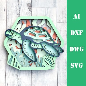 Layered Sea turtle multi layer mandala 3d ocean model laser cut files commercial use wall art home decor CNC dxf svg ai dwg cricut Glowforge