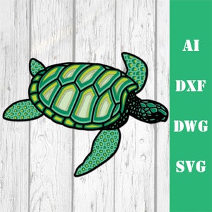 Pode incluir: Design de tartaruga marinha verde em camadas com casco e barbatanas detalhadas. A imagem inclui as abrevia&ccedil;&otilde;es de tipo de arquivo AI, DXF, DWG e SVG em uma barra vertical verde.