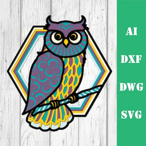 May include: A colorful owl with intricate patterns in shades of teal, purple, and yellow, perched on a branch, set against a layered hexagonal background.