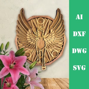 May include: A layered wooden Pegasus wall art piece. The design features a horse with large wings, set against a circular background. The artwork is primarily brown and tan, with a detailed, multi-layered construction. The image also includes the text "AI, DXF, DWG, SVG".