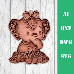 Elefante bebê em camadas, modelo de mandala multicamadas, arquivo de corte a laser, uso comercial, CNC Glowforge dxf svg ai dwg cricut 3d elefante bebê fofo