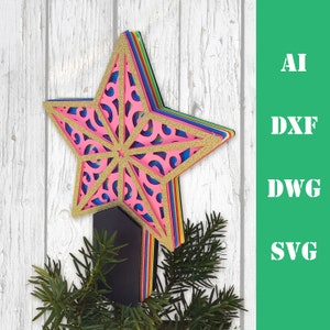 Christmas tree topper star 3d mandala  Christmas ornament laser cut file, commercial use, download dxf svg ai dwg cricut silhouette