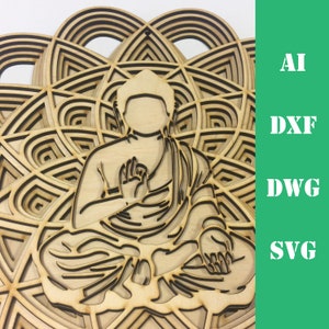 May include: A laser cut wooden mandala design featuring a meditating Buddha figure in the center. The mandala is intricate and detailed, with multiple layers of geometric patterns.
