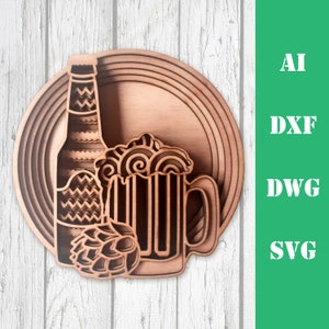 Beer glass and bottle Mandala DXF Laser Cut Layered Beer Scene Laser 3D Beer glass Multilayer Beer Svg, Layered Beer Scene Cricut Glowforge
