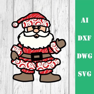 May include: A red and white Santa Claus with a swirl pattern on his suit and hat. He is wearing a black belt and brown boots.