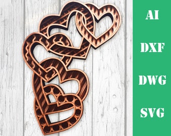 Layered heart chain Valentine 3D hearts multi layer mandala laser cut file, commercial use, wall art CNC dxf svg ai dwg cricut 3d Glowforge