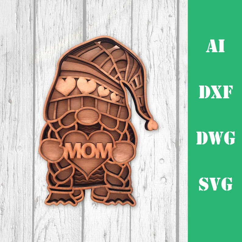 May include: A wooden gnome cutout with a heart that says "MOM" and a hat with hearts on it.