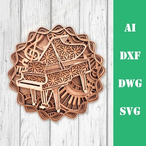 Instrumento de música de piano, modelo de mandala de múltiples capas, archivos de corte láser, uso comercial, arte de pared, decoración del hogar, descarga CNC dxf svg ai dwg cricut 3d