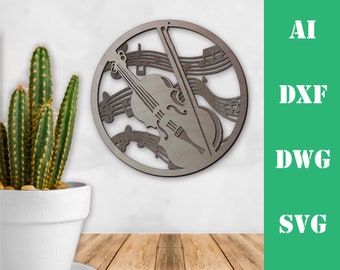 Wall art violin music instrument layers model laser cut file, commercial use, wall art home decor  CNC download dxf svg ai dwg cricut 3d