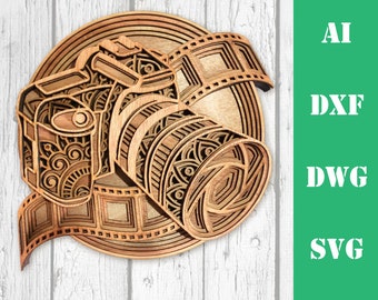 Photo camera multi layer mandala model laser cut file, commercial use, wall art home decor  CNC download dxf svg ai dwg cricut 3d