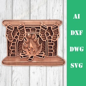 May include: A wooden cutout of a fireplace with stockings hanging from the mantel and a fire burning inside. The fireplace is decorated with a brick pattern and a simple design.