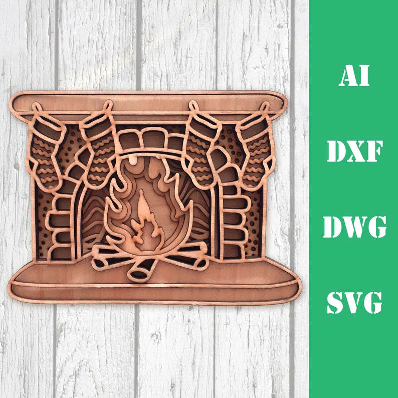 May include: A wooden cutout of a fireplace with stockings hanging from the mantel and a fire burning inside. The fireplace is decorated with a brick pattern and a simple design.