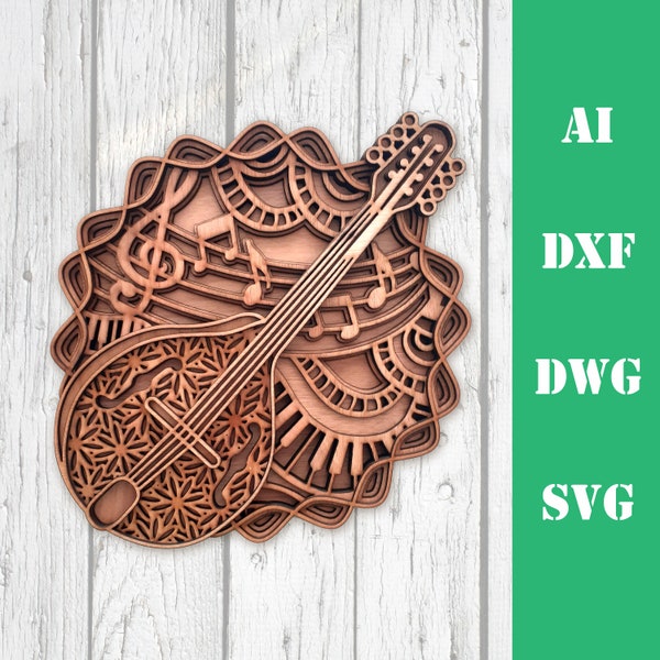 Mandolin music instrument layered laser cut file multi layer mandala SVG 3D music model commercial use wall art CNC dxf svg ai dwg cricut