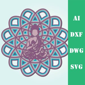 May include: A layered mandala design with a purple silhouette of a meditating Buddha in the center. The mandala features a repeating pattern of circles, squares, and triangles in shades of blue and purple.