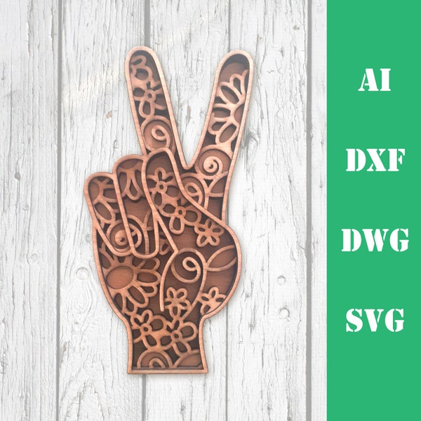 Peace flower power hand multi layer mandala model laser cut file, commercial use, wall art home decor CNC download dxf svg ai dwg cricut 3d