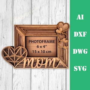 May include: A wooden photo frame with a layered design. The frame is decorated with hearts and the word "mom". The frame is 6 inches by 4 inches, or 15 centimeters by 10 centimeters.