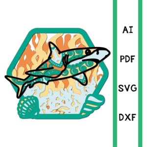 Layered Shark multi layer mandala 3d ocean sea model laser cut files commercial use wall art home decor CNC dxf svg ai dwg cricut Glowforge