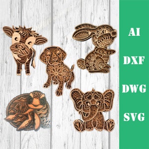 Cute baby animal bundle multistrato mandala file tagliati al laser, noi commerciali, wall art decor CNC glowforge scarica dxf svg ai dwg cricut 3d