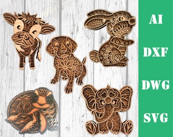 Cute baby animal bundle multi layer mandala laser cut files, commercial us, wall art decor CNC glowforge download dxf svg ai dwg cricut 3d