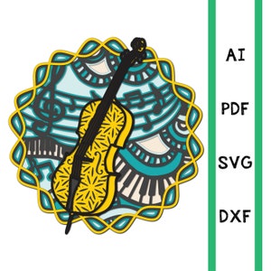 May include: A layered design featuring a yellow cello with a black neck, set against a teal and white background with musical notes and a piano keyboard. The design is framed by a yellow scalloped border. The image also includes text: AI, PDF, SVG, and DXF.