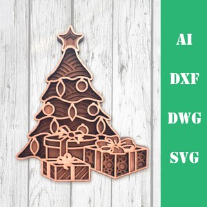 May include: A laser cut wooden Christmas tree ornament with a star on top and presents at the base. The tree is decorated with lights and baubles.