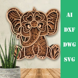 Schattige baby olifant multi layer mandala model laser gesneden bestand, commercieel gebruik, muur kunst home decor CNC download dxf svg ai dwg cricut 3d