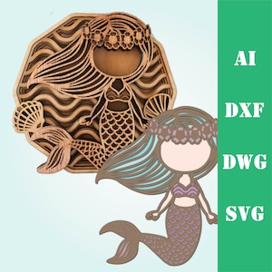 Cute mermaid ocean multi layer mandala model laser cut file, commercial use, wall art home decor  CNC download dxf svg ai dwg cricut 3d