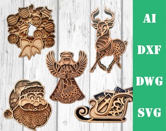 Christmas bundle 2 3d layered 5 designs mandala multi layer laser cut files, commercial use, wall art CNC glowforge dxf svg ai dwg cricut
