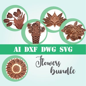 Fascio di fiori mandala a strati file tagliati al laser uso commerciale CNC glowforge dxf svg ai dwg cricut 3d tulipani, girasole, loto, cactus, rosa