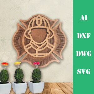 May include: A wooden wall decor featuring a firefighter's helmet and cross, with a layered design. The decor is made of multiple layers of wood, creating a 3D effect.