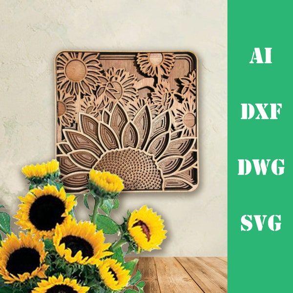 Sunflower field multi layer mandala model laser cut file, commercial use, wall art home decor  CNC download dxf svg ai dwg cricut 3d