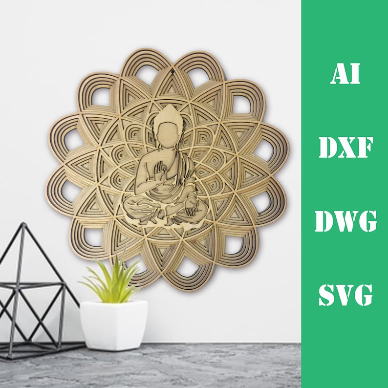May include: A laser cut wooden mandala design featuring a meditating Buddha figure in the center. The mandala is made of multiple layers of wood, creating a 3D effect. The design is perfect for home decor or as a gift.