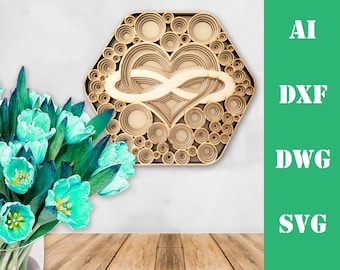 Love heart infinity symbol multi layer mandala laser cut file, commercial use, wall art home decor CNC download dxf svg ai dwg cricut 3d