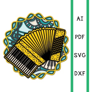 Strumento musicale per fisarmonica file di taglio laser a strati mandala multistrato musica 3D Glowforge uso commerciale arte della parete CNC dxf svg ai pdf cricut