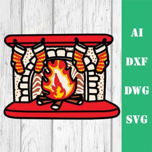 May include: A red and white fireplace with a yellow and orange fire inside. Four red and yellow striped stockings are hanging from the mantel.
