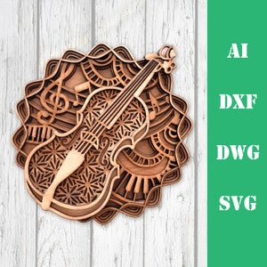 Violin music instrument layered laser cut file multi layer mandala SVG 3D fiddle model commercial use, wall art CNC dxf svg ai dwg cricut