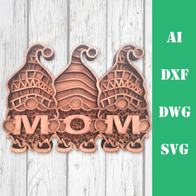 May include: Three wooden gnomes with intricate designs stand side-by-side. The gnomes are brown and have white hats. The word "MOM" is spelled out in large letters in front of the gnomes.